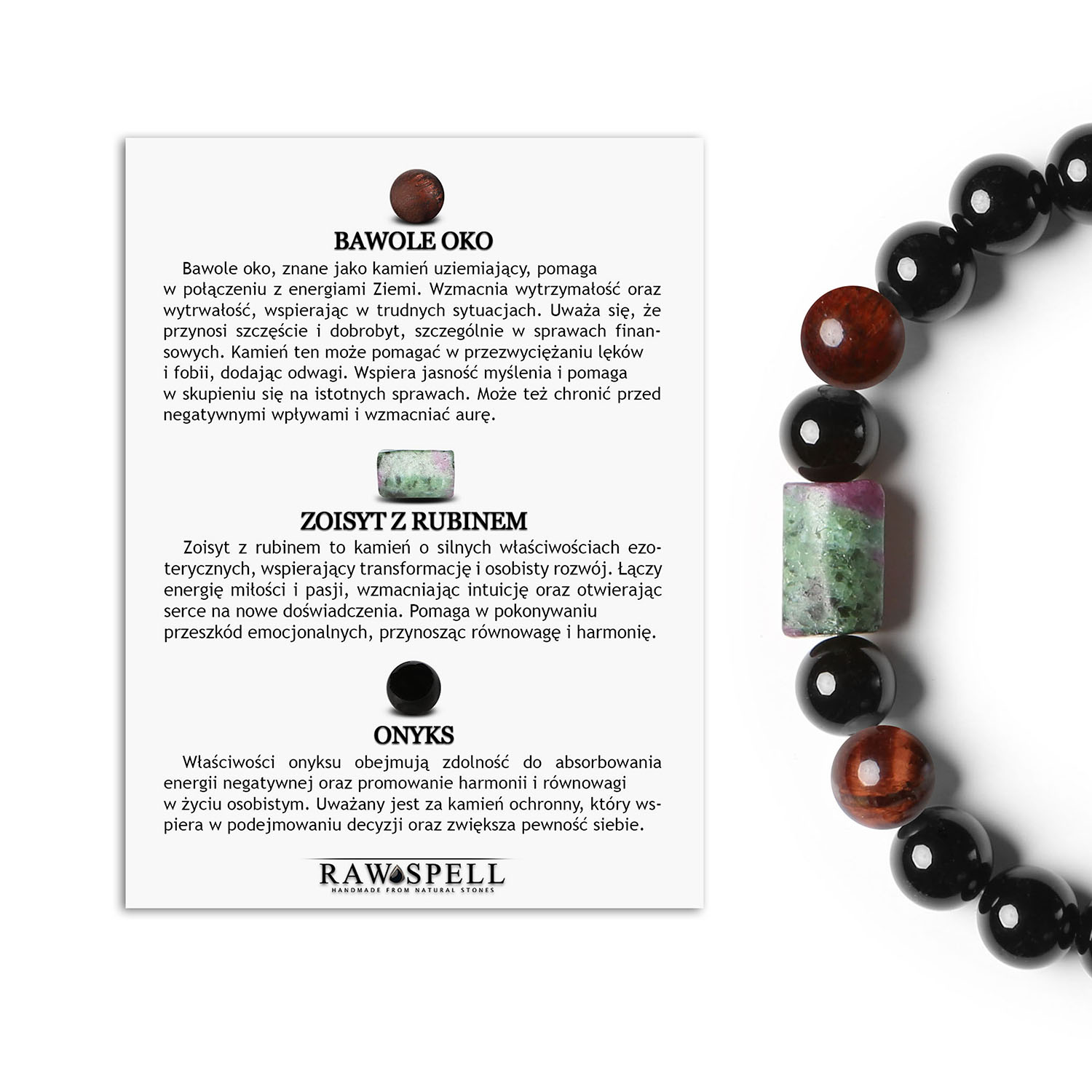 Bransoletka na gumce Laeri z Bawolim Okiem, Zoisyt z Rubinem i Onyksy - uniwersalny dodatek dla Kobiet i Mężczyzn Elegancka bransoletka Laeri z kamieni naturalnych na gumce, w tym Bawole Oko, Zoisyt z Rubinem i Onyks, dostępna w kolekcji Dla Kobiet i Mężczyzn.