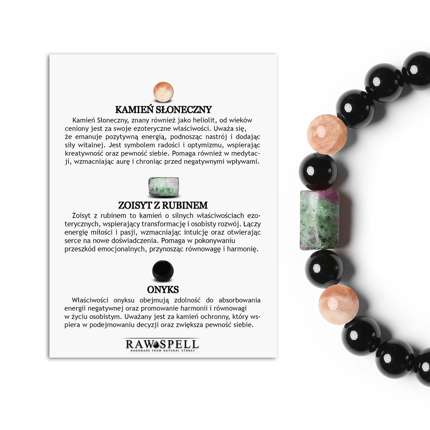 Bransoletka na gumce Laeri z Kamieniem Słonecznym, Zoisyt z Rubinem i Onyks, doskonała dla kobiet i mężczyzn Bransoletka Laeri z naturalnymi kamieniami: Kamień Słoneczny, Zoisyt z Rubinem i Onyks na elastycznej gumce, idealna dla kobiet i mężczyzn.