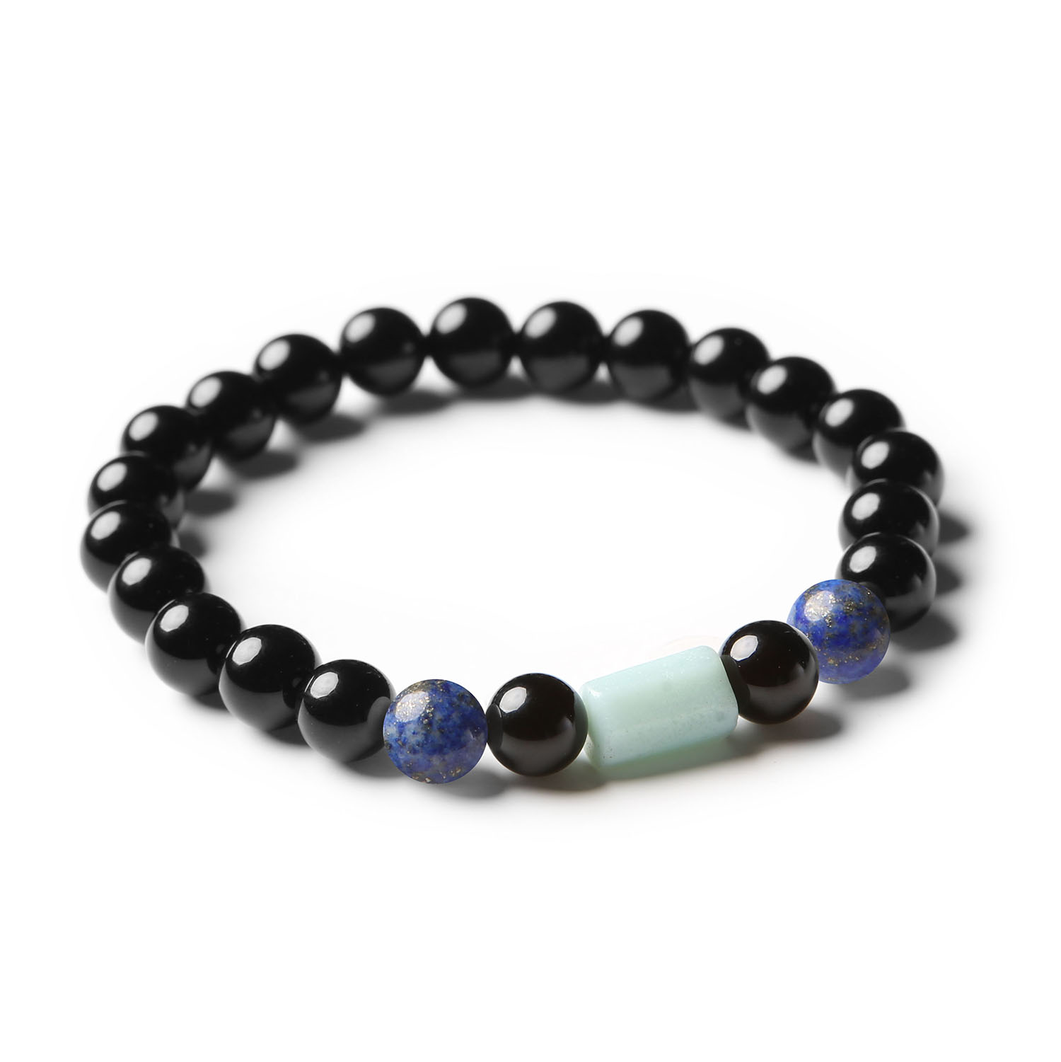 Bransoletka Laeri z lapis lazuli, amazonitem i onyksem, idealna dla kobiet i mężczyzn, o unikalnym designie z naturalnych kamieni.