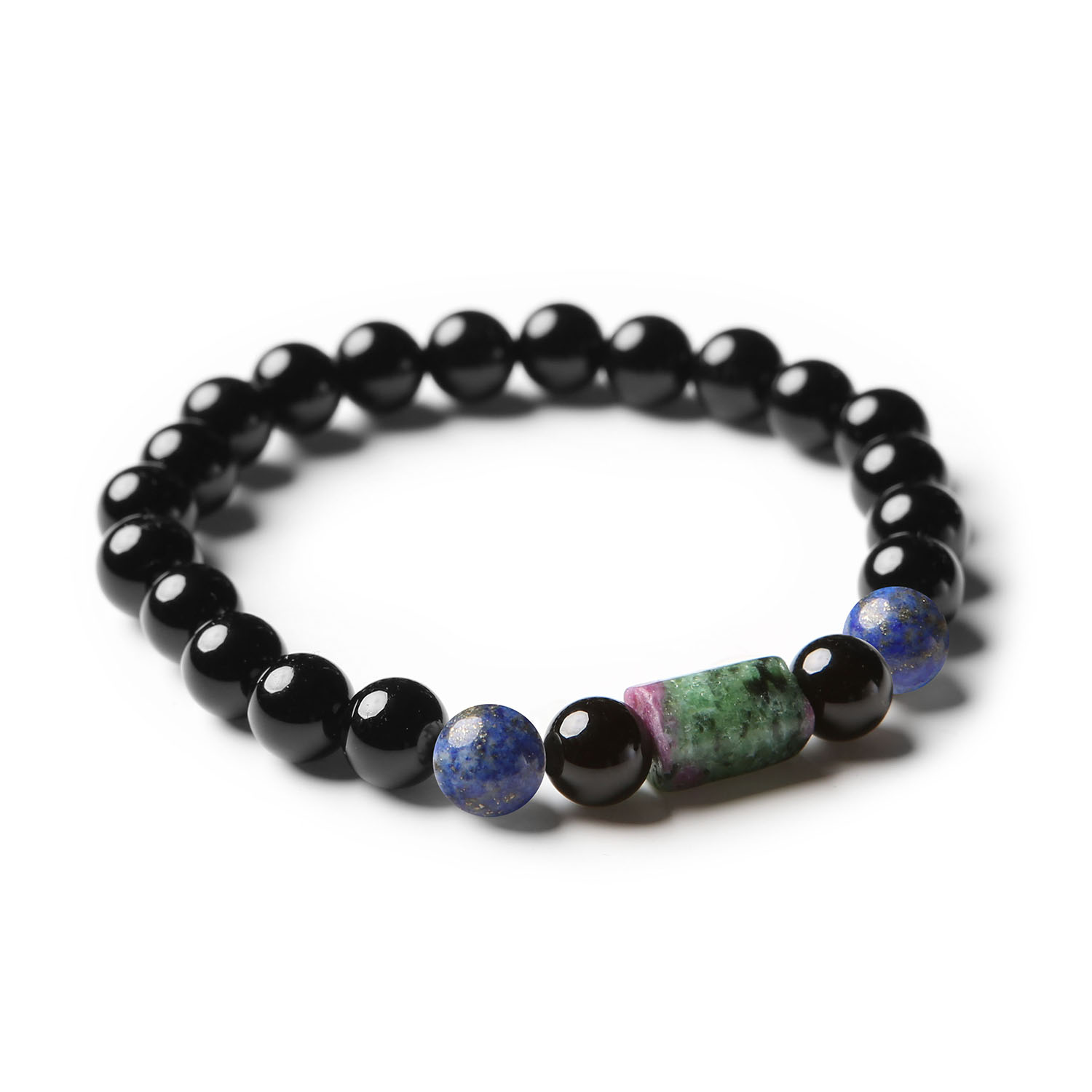 Bransoletka Laeri na gumce z kamieniami naturalnymi - Lapis Lazuli, Zoisyt z Rubinem i Onyks dla kobiet i mężczyzn.