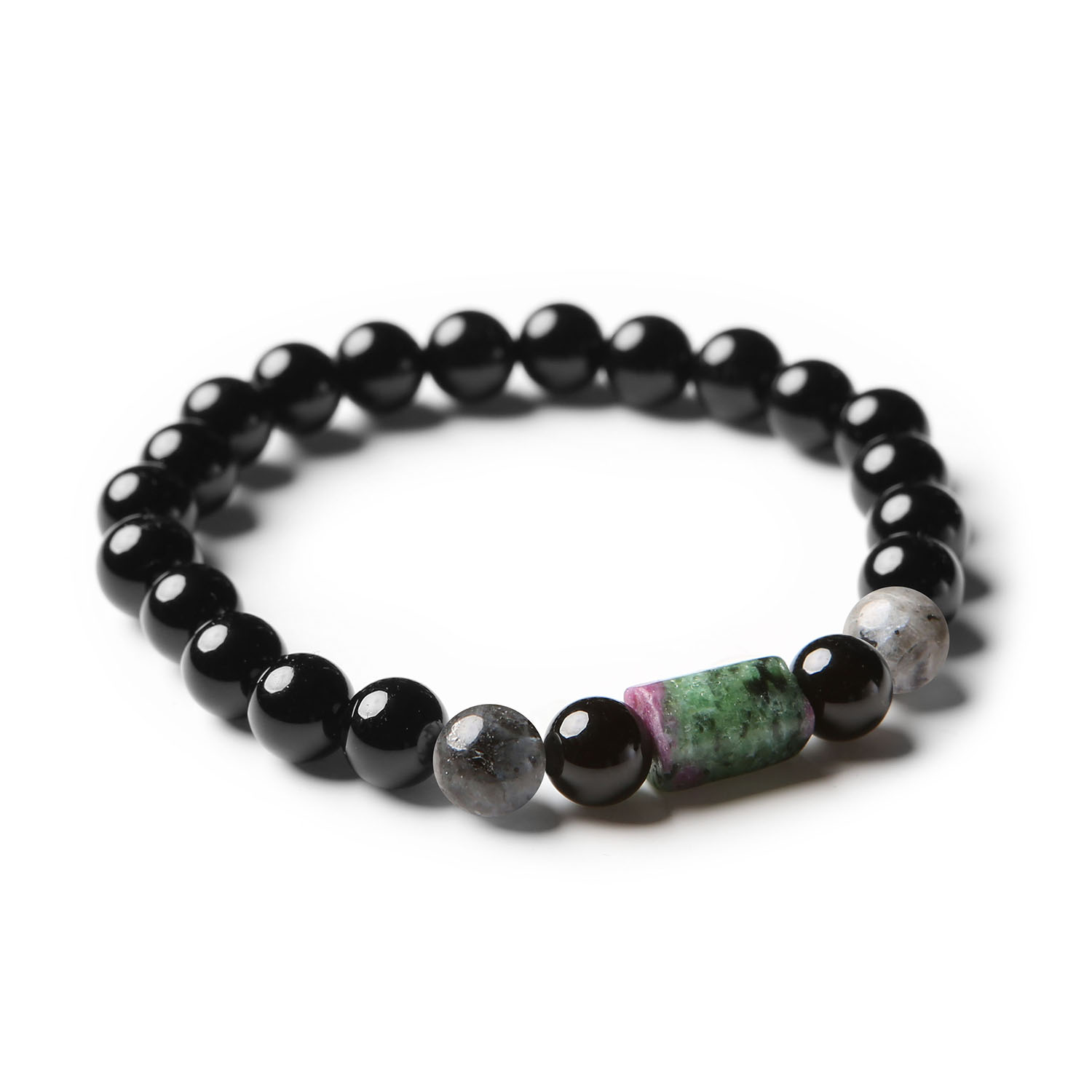 Bransoletka na gumce Laeri z kamieniami naturalnymi: larvikit, zoisyt z rubinem i onyks, przeznaczona dla kobiet i mężczyzn.