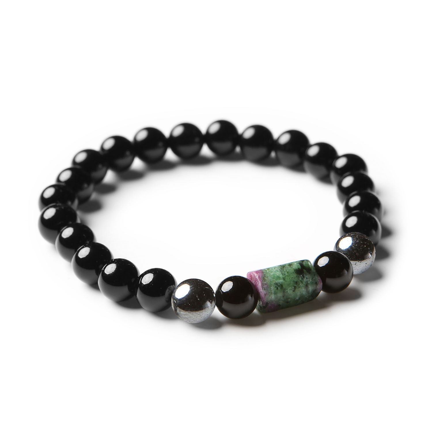 Bransoletka Laeri z naturalnymi kamieniami: Hematytem Grafitowym, Zoisytem z Rubinem i Onyksem, na gumce - wyjątkowy dodatek dla każdego, kobiety i mężczyzny