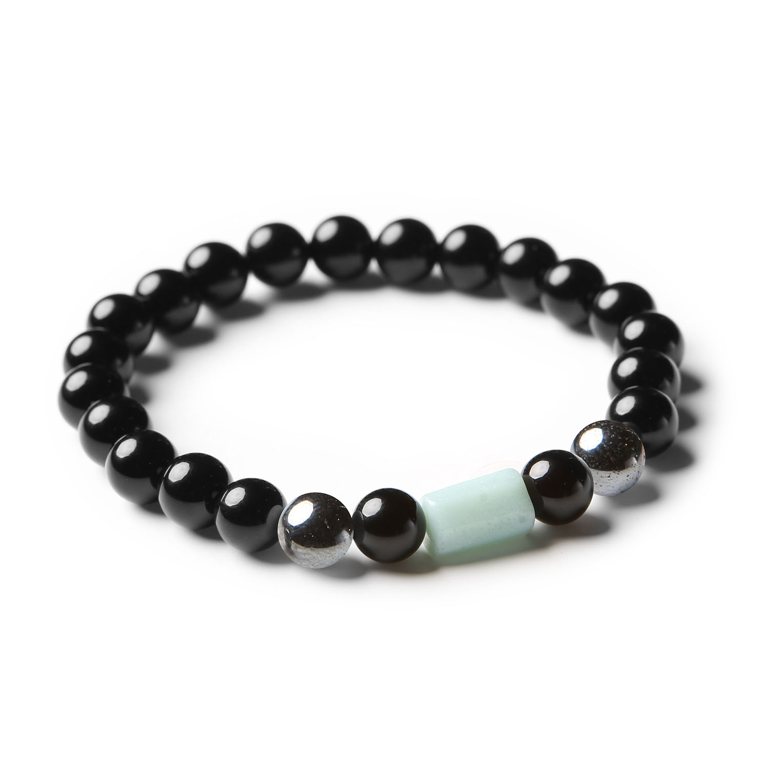 Elegancka bransoletka Laeri z naturalnych kamieni - hematyt grafitowy, amazonit oraz onyks, doskonała dla każdego.