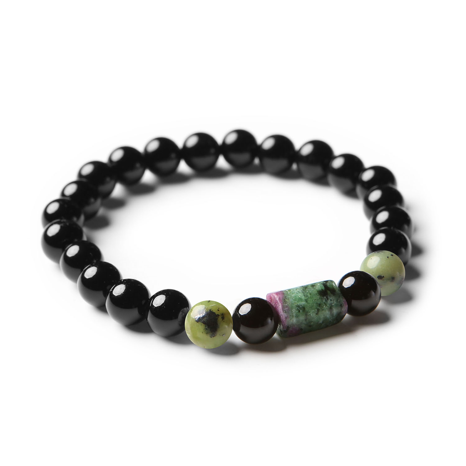 Bransoletka z kolekcji Dla Kobiet i Mężczyzn na gumce Laeri - Kamienie naturalne: Jadeit Zielony Zoisyt z Rubinem Onyks