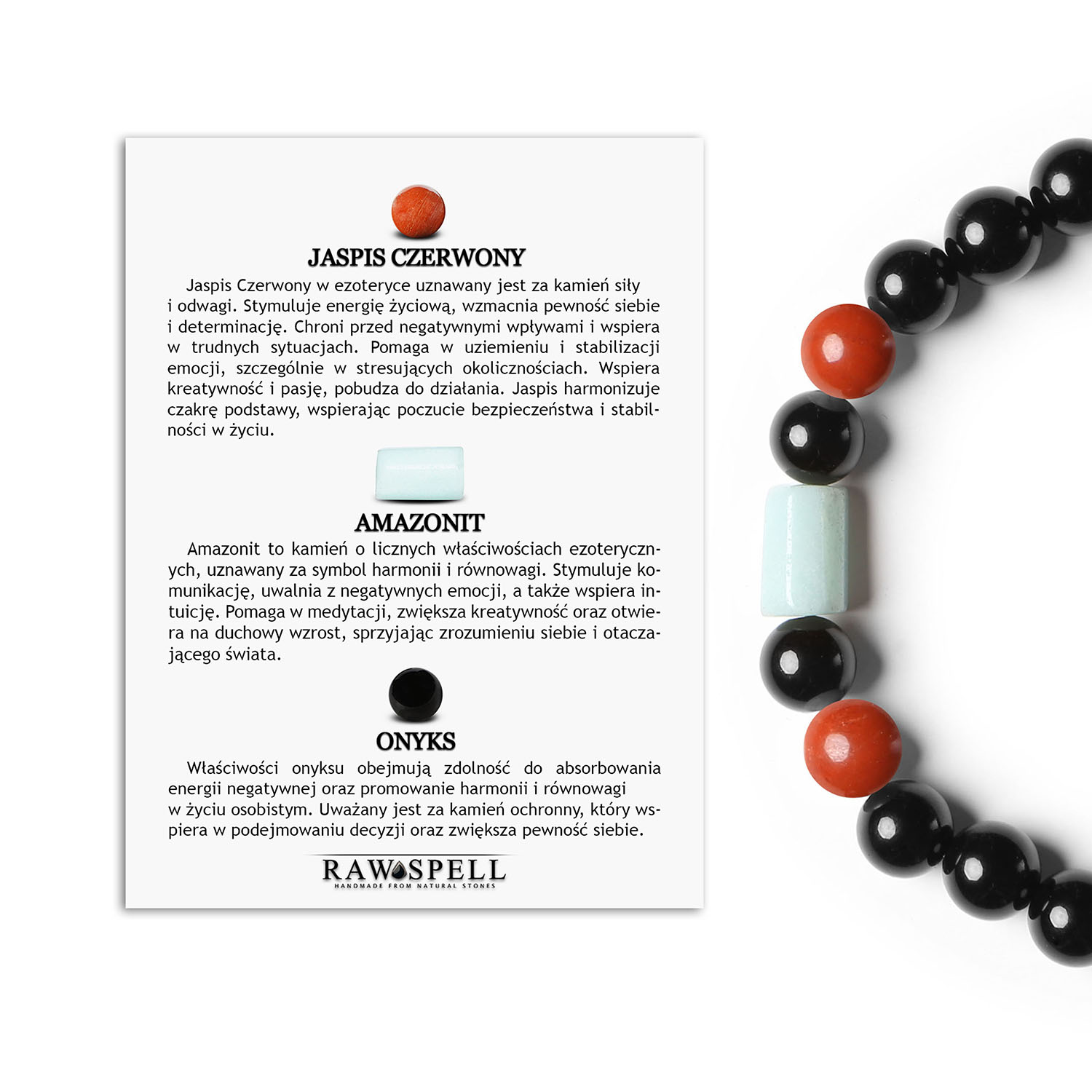 Bransoletka na gumce Laeri z jaspisem czerwonym, amazonitem i onyksem - dla kobiet i mężczyzn Stylowa bransoletka z kolekcji Laeri z jaspisem czerwonym, amazonitem i onyksami, unisex.