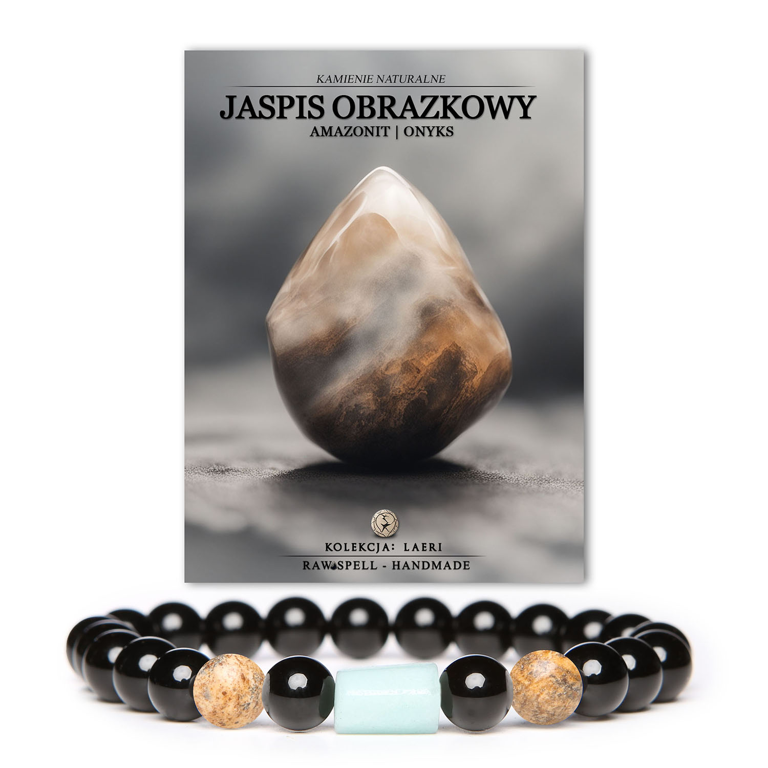 Elegancka bransoletka z kolekcji Laeri, z jaspisem obrazkowym, amazonitem i onyksami, uniwersalna dla kobiet i mężczyzn.
