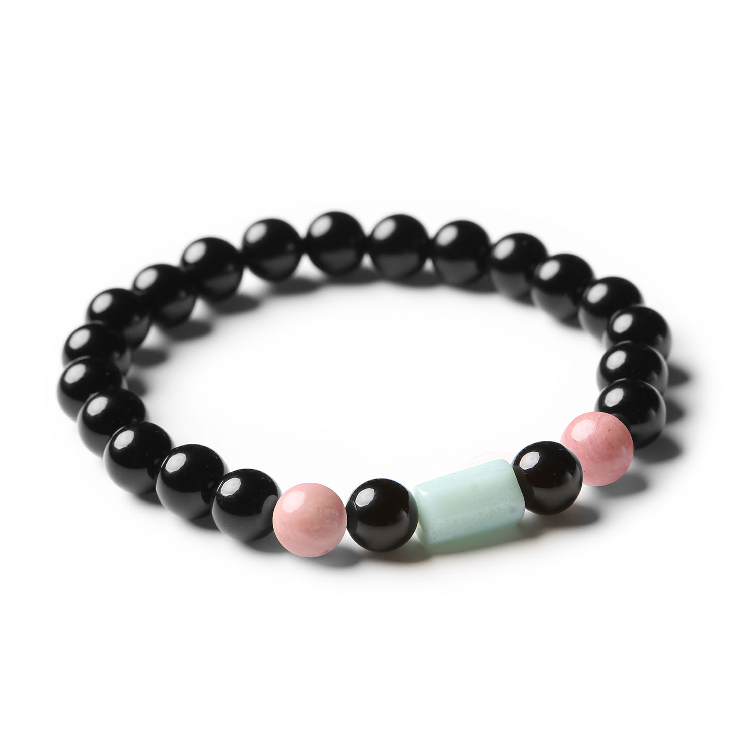 Stylowa bransoletka Laeri z różowym rodonitem, amazonitem i onyksami, dostosowana dla kobiet i mężczyzn.