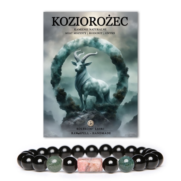 Stylowa bransoletka dla mężczyzn i kobiet, Koziorożec. Zestawienie agatu mszystego, rodonitu i onyksu z kolekcji Laeri – idealne na każdą okazję."