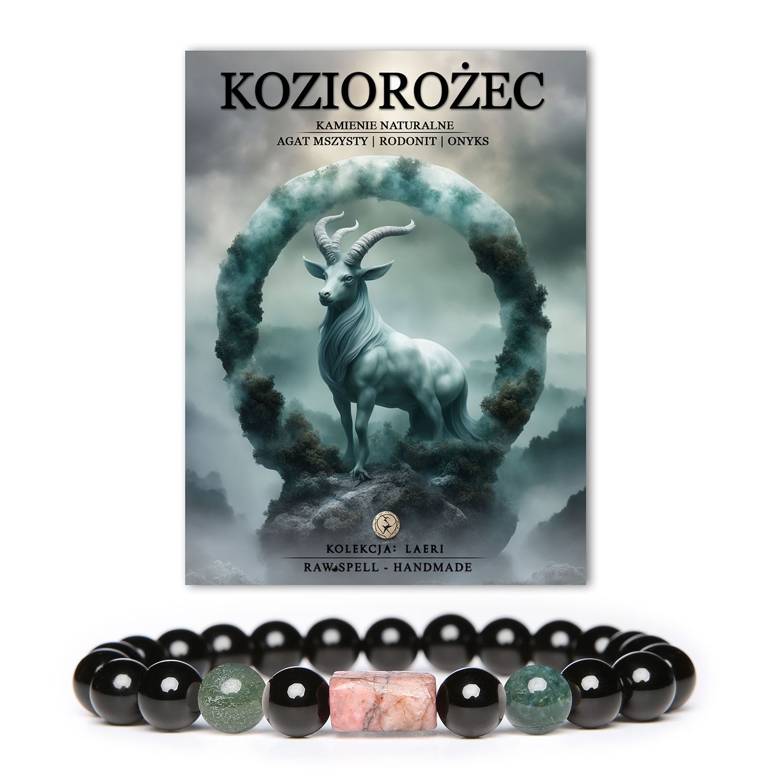 Stylowa bransoletka dla mężczyzn i kobiet, Koziorożec. Zestawienie agatu mszystego, rodonitu i onyksu z kolekcji Laeri – idealne na każdą okazję."
