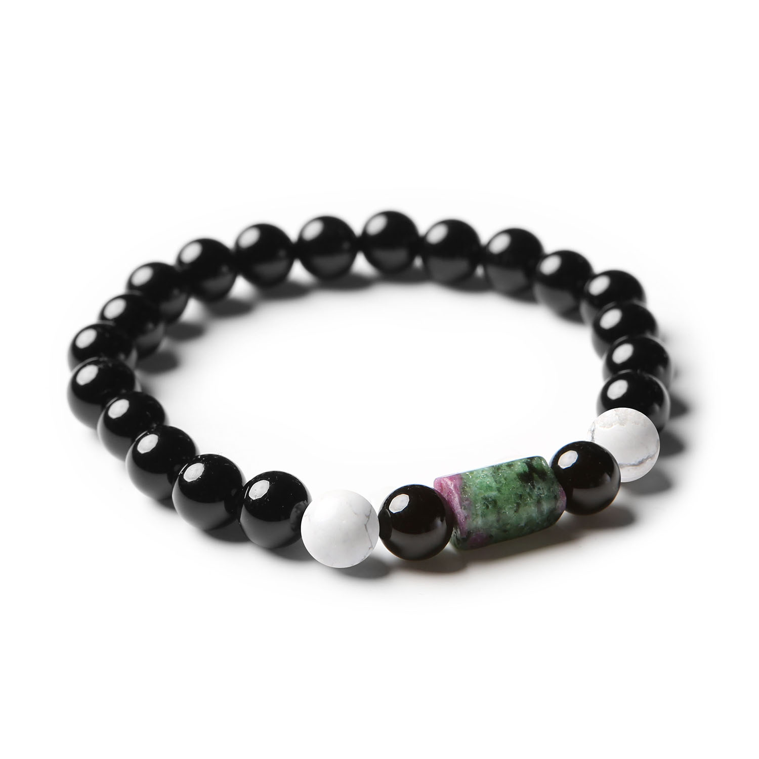 Bransoletka Laeri z kolekcji Dla Kobiet i Mężczyzn, wykonana z naturalnych kamieni: Howlit, Zoisyt z Rubinem i Onyks na elastycznej gumce.