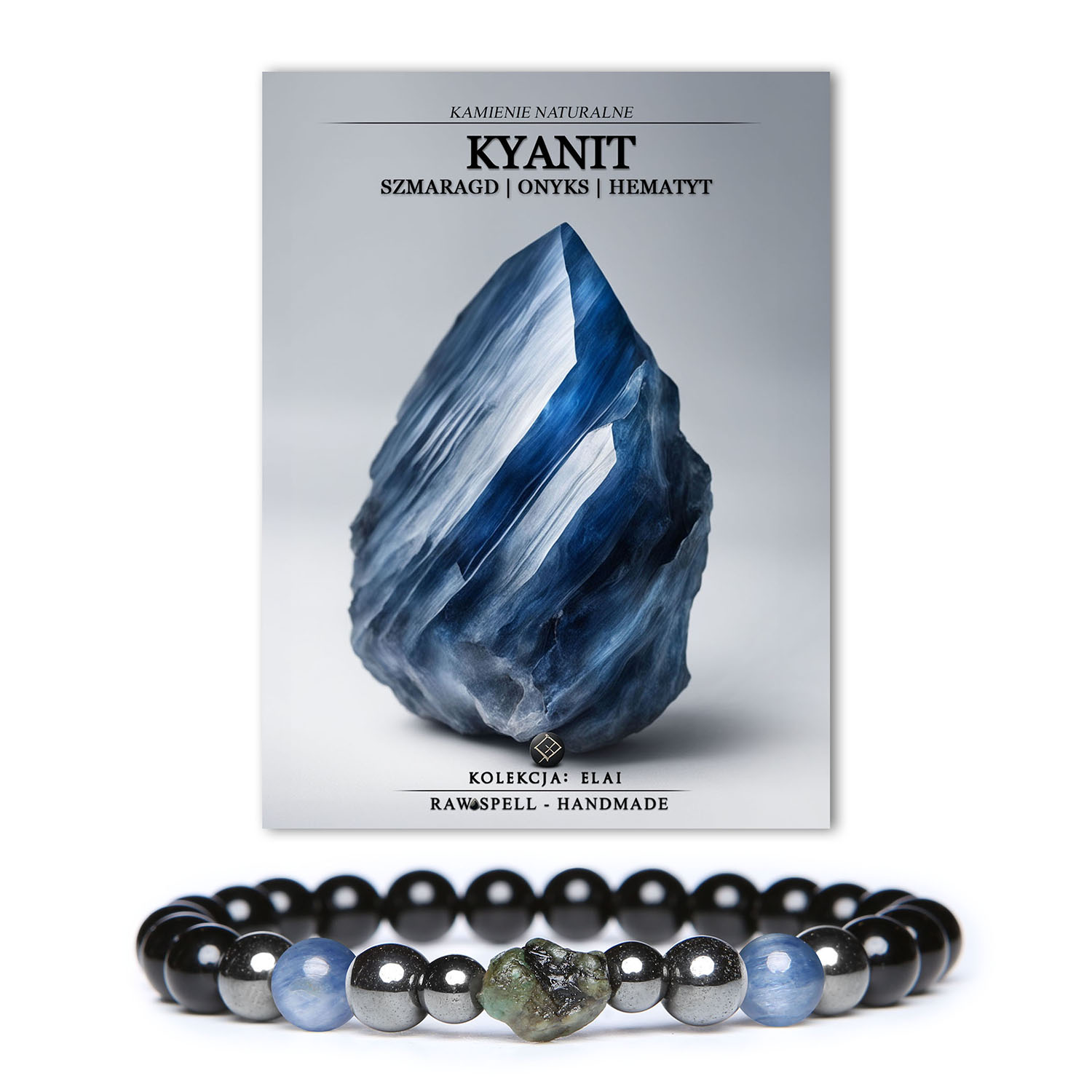 Bransoletka Elai z naturalnymi kamieniami: kyanit, szmaragd, onyks i hematyt grafitowy, uniwersalny dodatek do stylizacji dla obu płci.