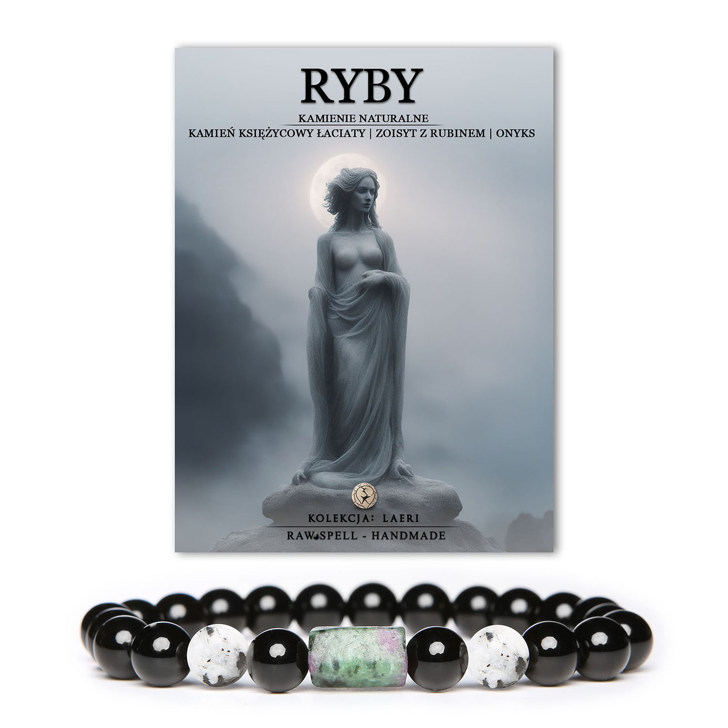 Bransoletka z kamieni naturalnych Laeri dla Ryby: Księżycowy Łaciaty, Zoisyt z Rubinem i Onyks. Idealna dla mężczyzn i kobiet