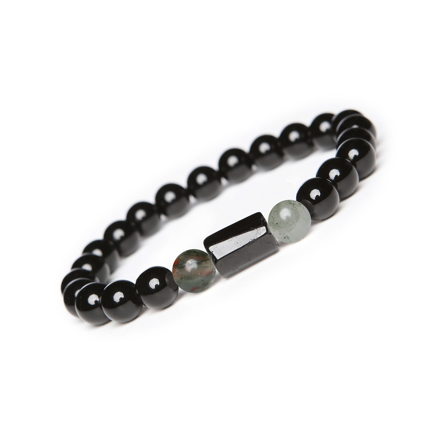 Bransoletka na gumce z kolekcji Arsil wykonana z Heliotropu, Turmalinu i Onyksu dla kobiet i mężczyzn Stylowa bransoletka Arsil z naturalnymi kamieniami: heliotrop, turmalin i onyks - unisex, doskonała dla każdej okazji.