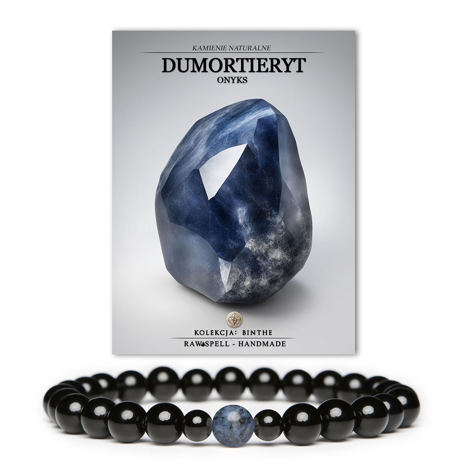 Bransoletka z kolekcji Binthe, z dumortierytem i onyksami, uniwersalny dodatek dla kobiet i mężczyzn, wykonana z kamieni naturalnych.