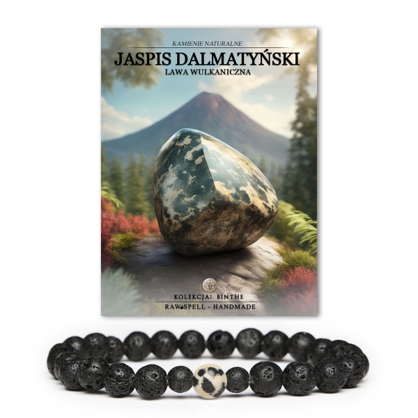 Stylowa bransoletka z kolekcji Binthe, wykonana z jaspisu dalmatyńskiego i lawy wulkanicznej, przeznaczona dla każdego.