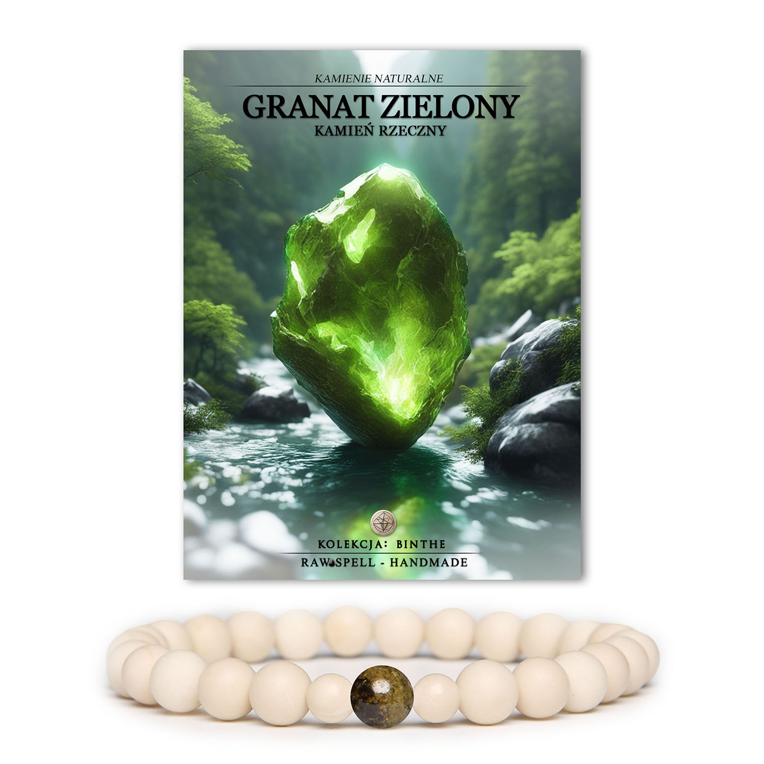 Bransoletka Binthe z kamieni naturalnych: zielony granat i kamień rzeczny, stworzona z myślą o kobietach i mężczyznach.