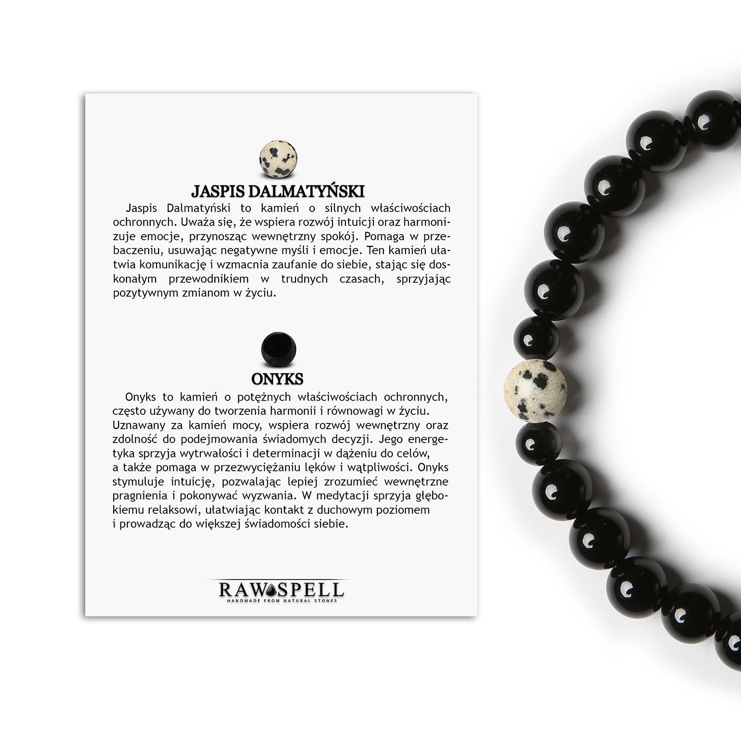 Bransoletka na gumce z kolekcji Binthe, ozdobiona Jaspisem Dalmatyńskim i Onyksu, dla kobiet i mężczyzn Bransoletka z kolekcji Binthe wykonana z jaspisu dalmatyńskiego i onyksu, dedykowana dla kobiet i mężczyzn.