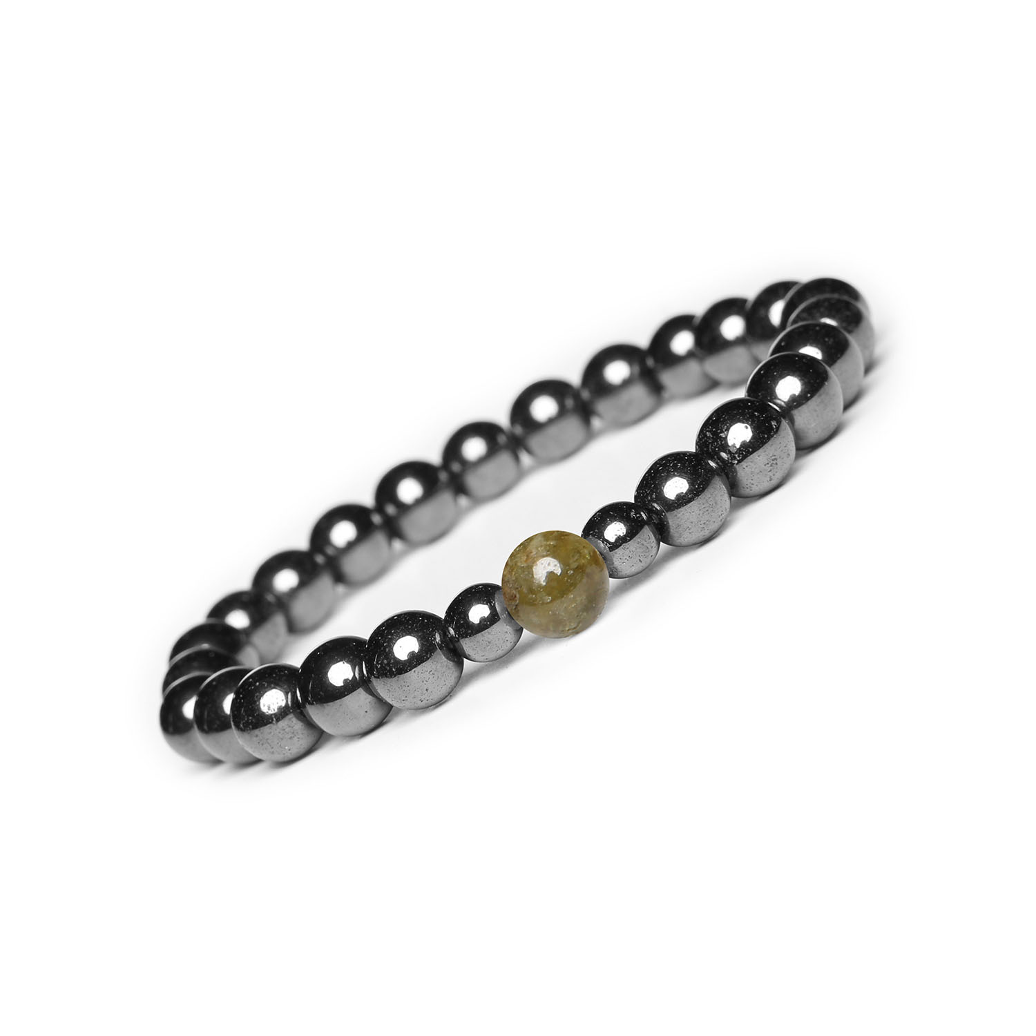 Bransoletka na gumce z kolekcji Binthe w kolorze Granat Zielony i Hematyt Grafitowy, idealna Elegancka bransoletka Binthe z naturalnymi kamieniami - granatem zielonym i hematytem grafitowym, uniwersalna dla kobiet i mężczyzn.