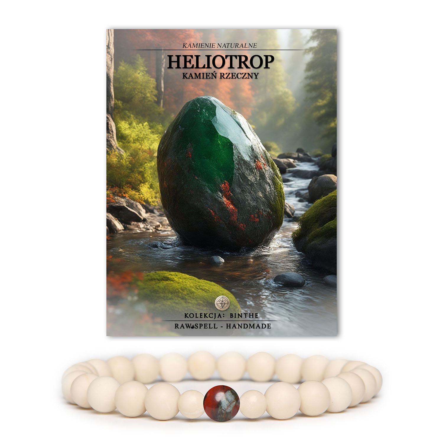 Bransoletka Binthe z naturalnych kamieni: heliotrop oraz kamień rzeczny, uniwersalny design dla kobiet i mężczyzn.