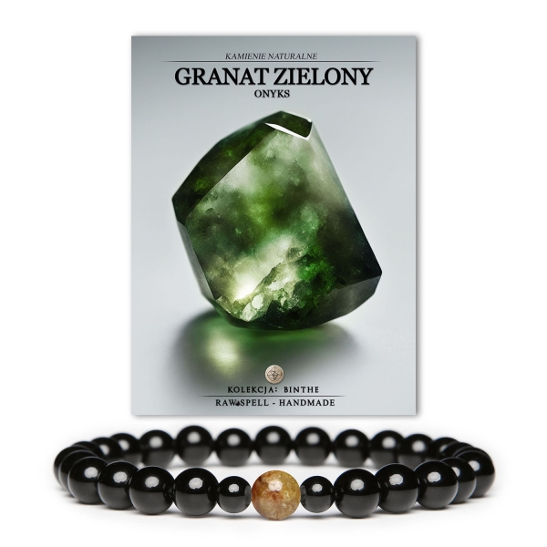 Bransoletka z kolekcji Binthe, wykonana z zielonego granatu i onyksu, dedykowana zarówno kobietom, jak i mężczyznom.