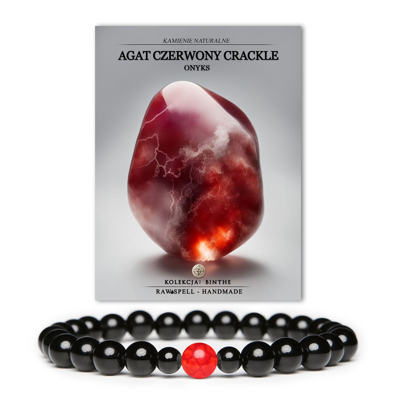 Bransoletka z kolekcji Binthe z kamieniami naturalnymi: czerwony agat crackle i onyks, unisex, dla kobiet i mężczyzn.