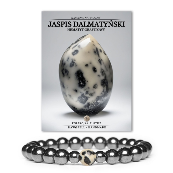 Elegancka bransoletka Binthe z naturalnymi kamieniami jaspis dalmatyński i hematyt grafitowy, dostępna dla kobiet i mężczyzn.