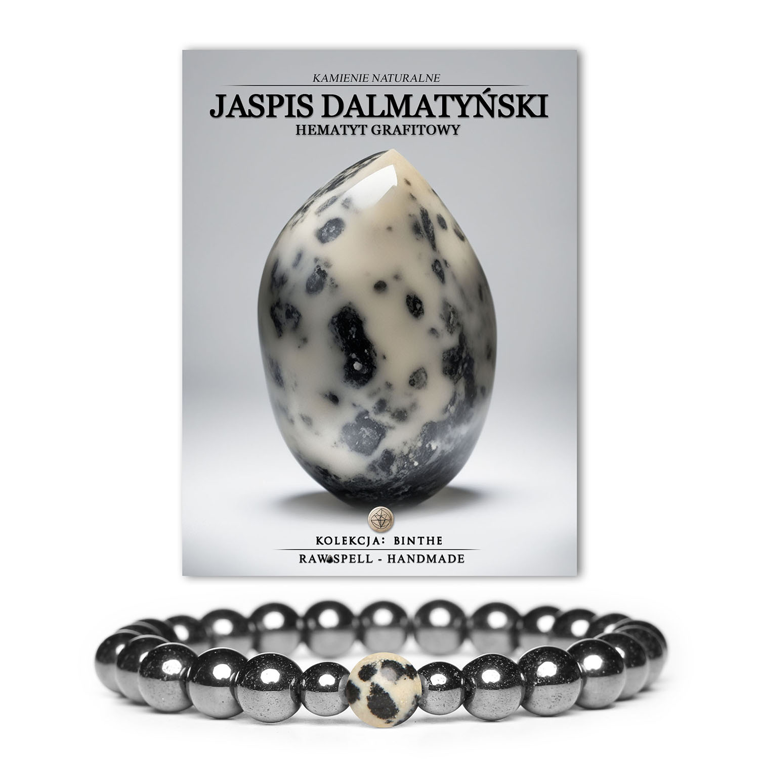Elegancka bransoletka Binthe z naturalnymi kamieniami jaspis dalmatyński i hematyt grafitowy, dostępna dla kobiet i mężczyzn.