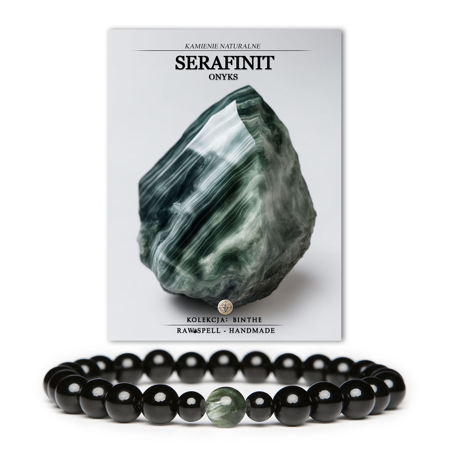 Elegancka bransoletka Binthe z naturalnymi kamieniami Serafinit i Onyks, uniwersalny dodatek dla kobiet i mężczyzn.