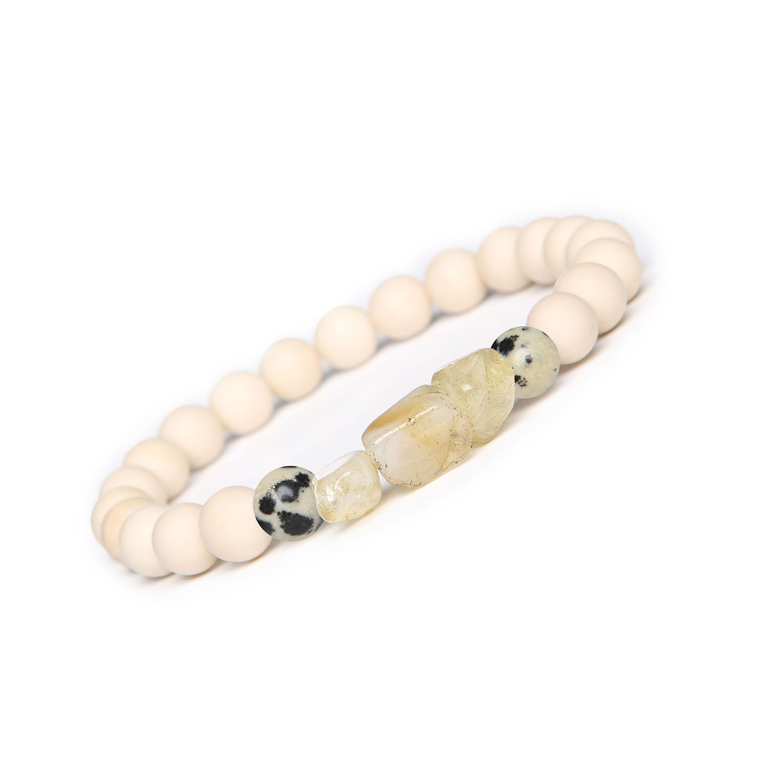 Bransoletka na gumce z kolekcji Cymiri z Jaspisem Dalmatyńskim, Cytrynem i Kamieniem Rzecznym - dla Kobiet i Mężczyzn Oryginalna bransoletka z naturalnych kamieni: jaspis dalmatyński, cytryn i kamień rzeczny, w kolekcji Cymiri dla wszystkich płci.