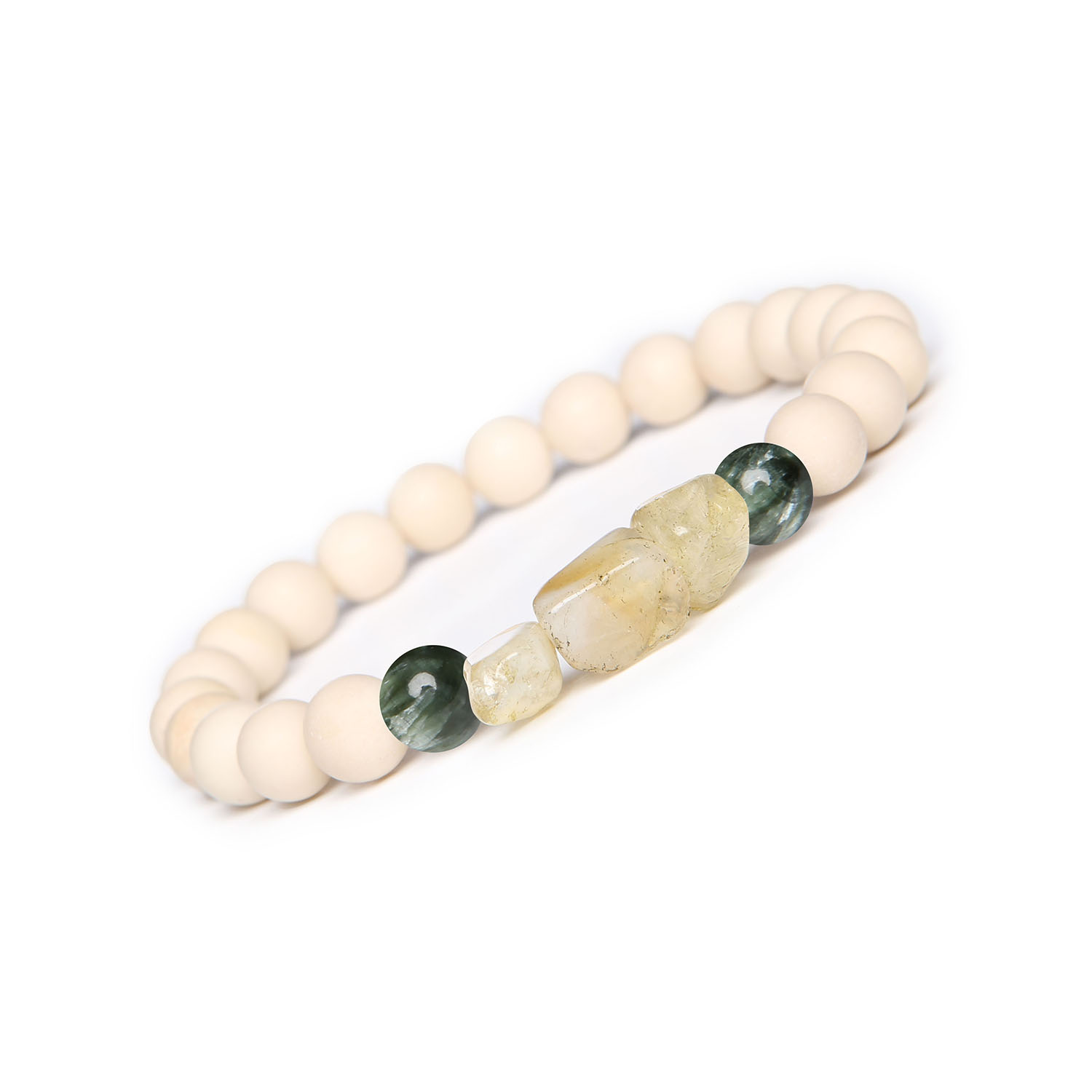 Bransoletka na gumce z kolekcji Cymiri z serafinitu, cytrynu i kamienia rzecznego dla kobiet i mężczyzn Bransoletka męska i damska z kolekcji Cymiri, z naturalnymi kamieniami serafinitu, cytrynu i kamienia rzecznego, doskonała na każdą okazję.