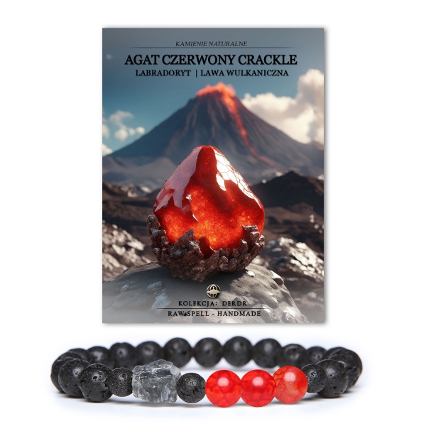 Stylowa bransoletka Derdr z naturalnymi kamieniami: czerwony agat crackle, labradoryt oraz lawa wulkaniczna, unisex.