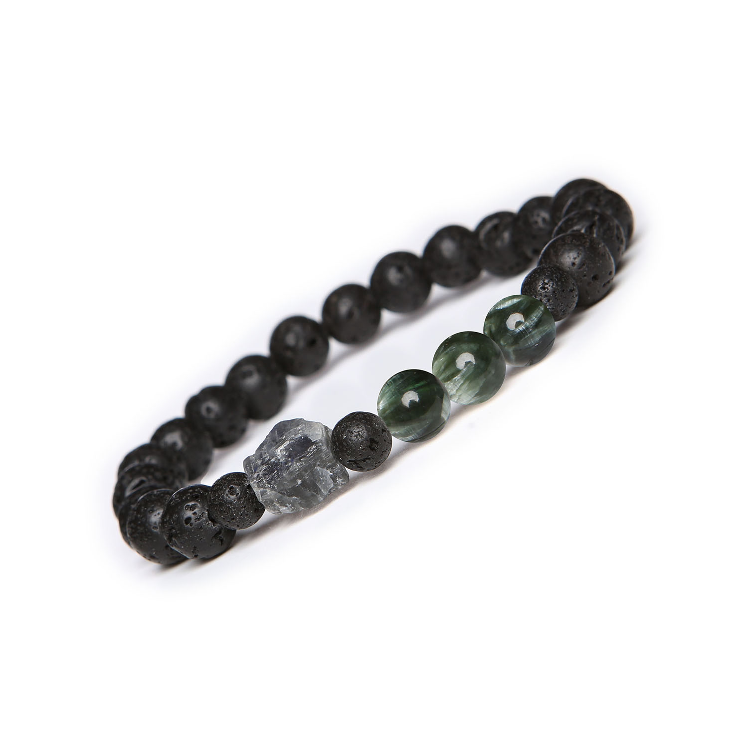 Bransoletka na gumce z kolekcji Derdr Serafinit Labradoryt Lava Wulkaniczna dla Kobiet i Mężczyzn Elegantna bransoletka z kolekcji Derdr, zawierająca serafinit, labradoryt oraz lawę wulkaniczną, przeznaczona dla kobiet i mężczyzn.