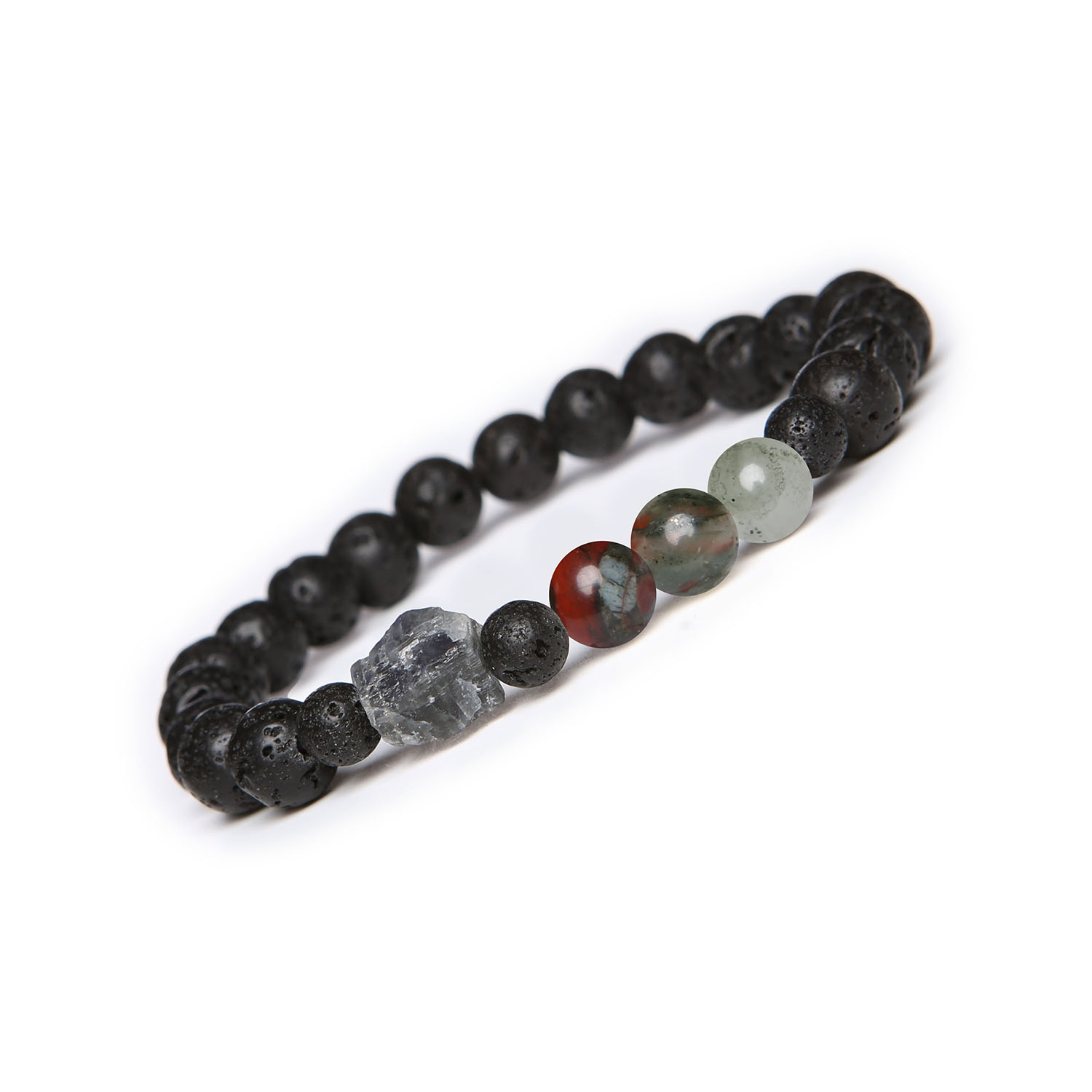 Bransoletka na gumce z kolekcji Derdr w kolorach Heliotrop, Labradoryt i Lawa Wulkaniczna dla kobiet i mężczyzn Elegancka bransoletka Derdr z kamieniami: heliotrop, labradoryt oraz lawa wulkaniczna, uniwersalny dodatek dla każdego.