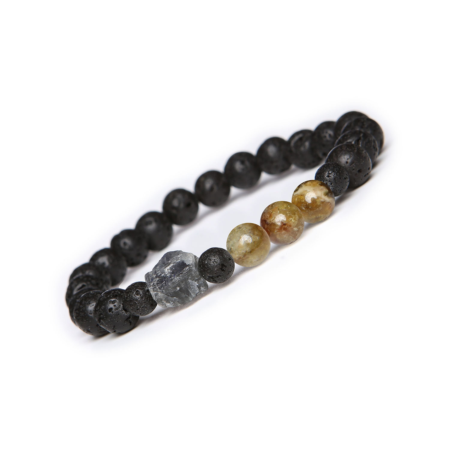 Bransoletka na gumce z kolekcji Derdr w kolorze granatowym i zielonym z labradorytem oraz lawą wulkaniczną dla kobiet i mężczyzn Bransoletka Derdr z naturalnymi kamieniami, w tym granatem zielonym, labradorytem oraz lawą wulkaniczną, odpowiednia dla każdego.