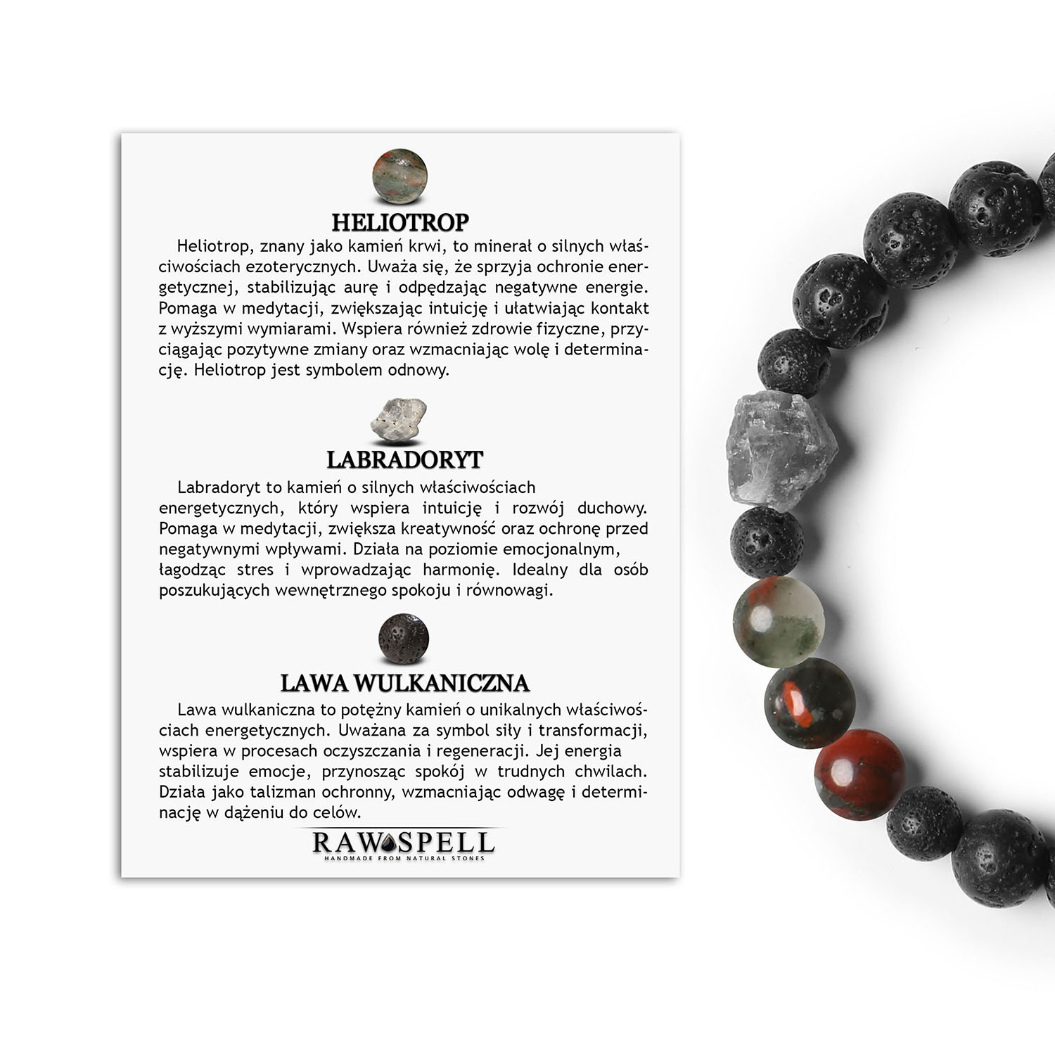 Bransoletka na gumce z kolekcji Derdr z elementami Heliotropu, Labradorytu i Lawy Wulkanicznej dla kobiet i mężczyzn Stylowa bransoletka Derdr z heliotropem, labradorytem i wulkaniczną lawą, doskonała na prezent dla kobiet i mężczyzn.