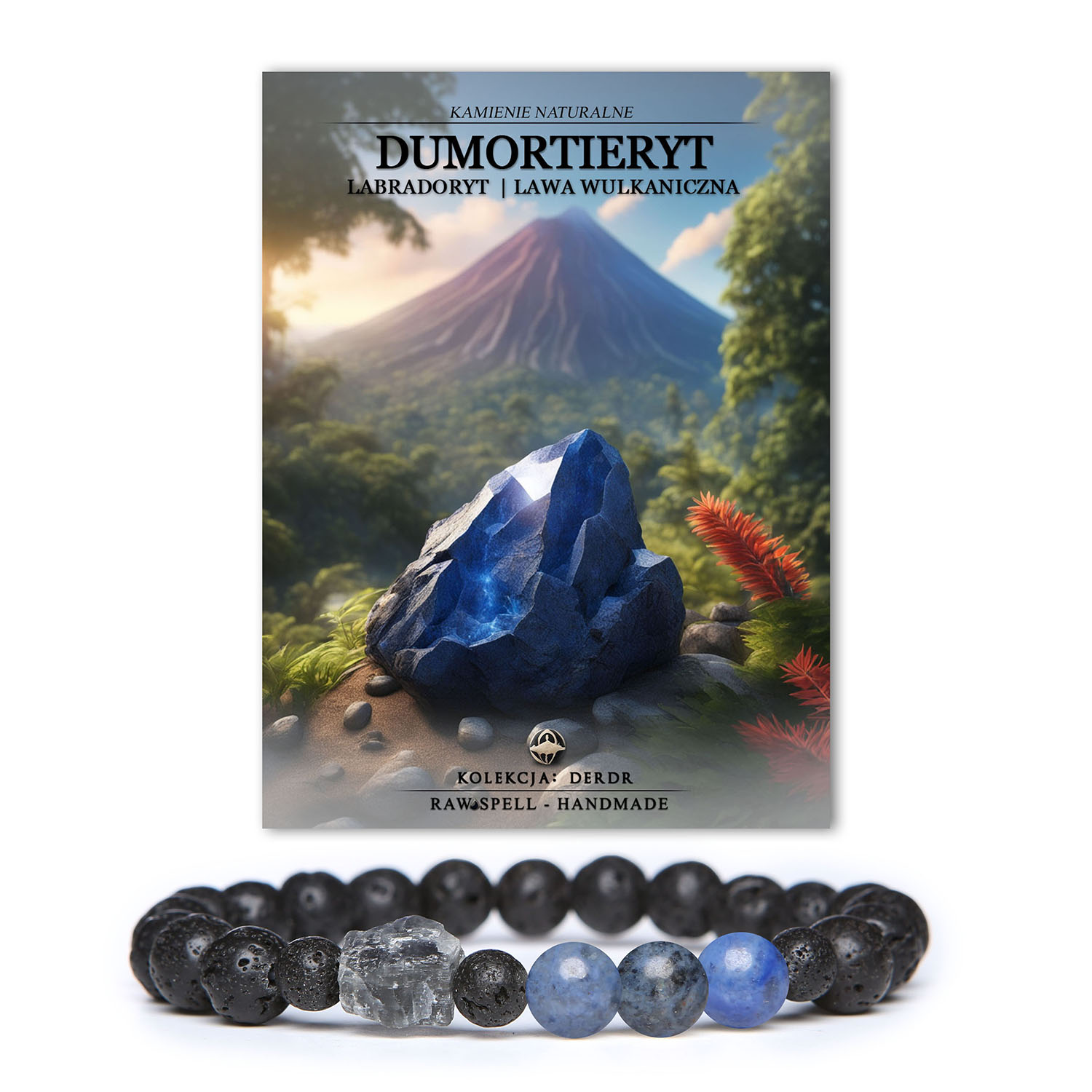 Stylowa bransoletka Derdr z dumortierytem, labradorytem i lawą wulkaniczną, przeznaczona zarówno dla kobiet, jak i mężczyzn.
