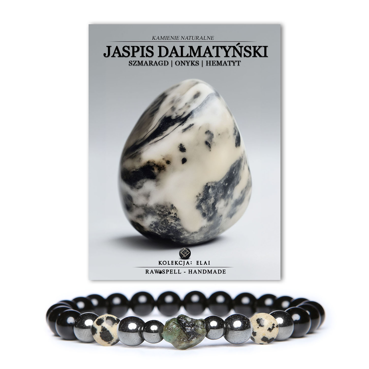 Elegancka bransoletka Elai z naturalnymi kamieniami: Jaspisem Dalmatyńskim, Szmaragdem, Onyksem i Hematytem Grafitowym - idealna dla kobiet i mężczyzn.
