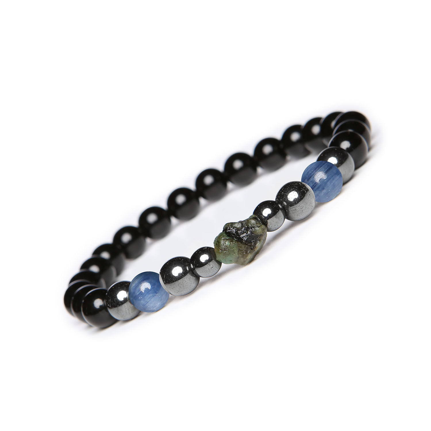 Bransoletka na gumce z kolekcji Elai - Kyanit Szmaragd Onyks Hematyt Grafitowy dla Kobiet i Mężczyzn Elegancka bransoletka z kolekcji Elai, z kamieniami naturalnymi - kyanit, szmaragd, onyks oraz hematyt grafitowy, stworzona dla kobiet i mężczyzn.