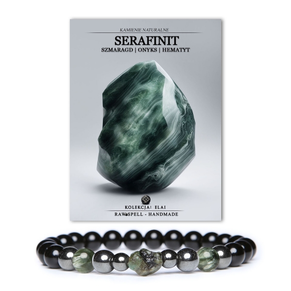 Stylowa bransoletka z kolekcji Elai, zawierająca kamienie naturalne: serafinit, szmaragd, onyks i hematyt grafitowy. Uniwersalny wybór dla każdego.