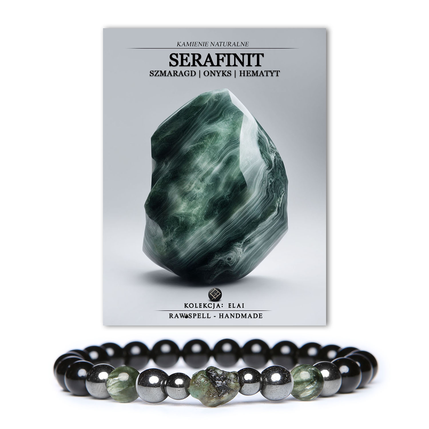 Stylowa bransoletka z kolekcji Elai, zawierająca kamienie naturalne: serafinit, szmaragd, onyks i hematyt grafitowy. Uniwersalny wybór dla każdego.