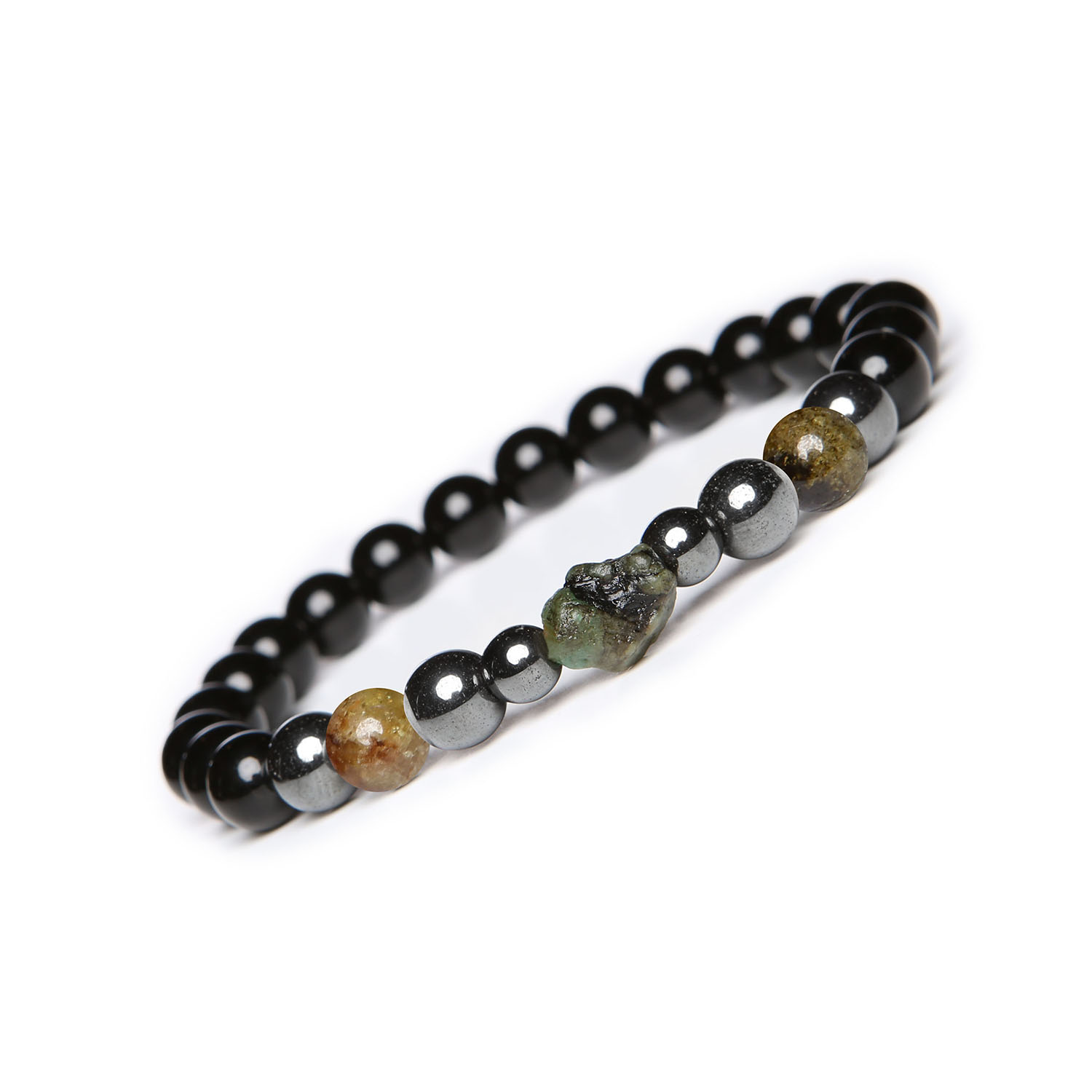 Bransoletka na gumce z kolekcji Elai w kolorze granatowym i zielonym, ozdobiona szmaragdem, onyksami i hematytem grafitowym dla kobiet i mężczy Bransoletka z kolekcji Elai to nie tylko ozdoba, ale i symbol urody i wyobraźni. Zawiera w sobie kilka kamieni naturalnych, takich jak hematyt grafitowy, szmaragd i granat zielony. To idealna ozdoba dla kobiet i mężczyzn, którzy cenią sobie oryginalność i wyjątkowość.