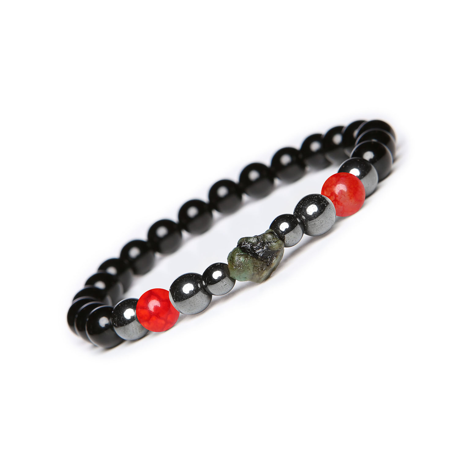 Bransoletka na gumce z kolekcji Elai z agatami czerwonymi, szmaragdem, onyksem i hematytem grafitowym dla kobiet i mężczyzn Bransoletka Elai z naturalnych kamieni, w tym agat czerwony crackle, szmaragd, onyks i hematyt grafitowy; unisex, doskonała dla kobiet i mężczyzn.