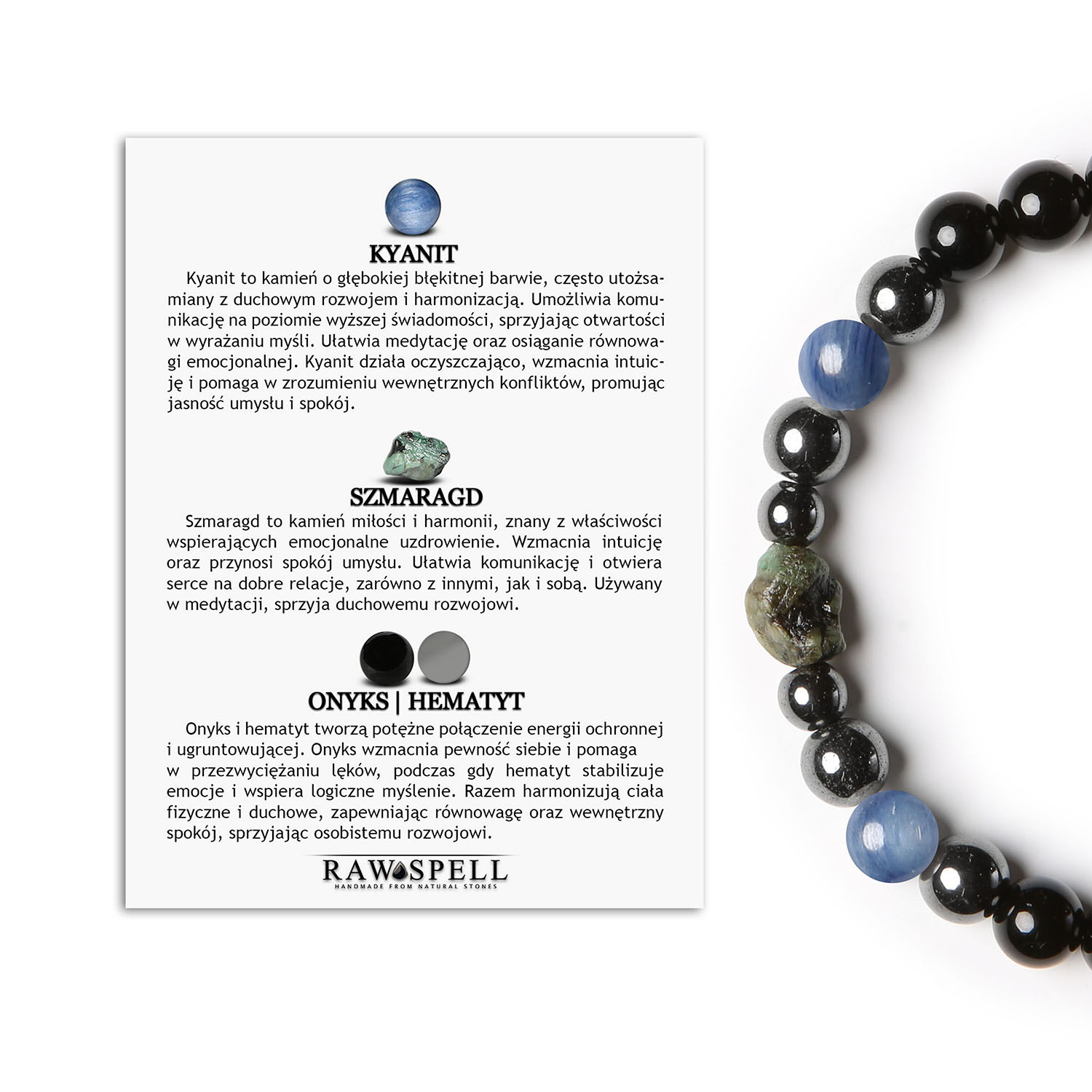 Bransoletka na gumce z kolekcji Elai z kyanitem, szmaragdem, onyksem i hematytem grafitowym dla kobiet i mężczyzn Stylowa bransoletka unisex Elai, ozdobiona kyanitem, szmaragdem, onyksem i hematytem grafitowym, doskonała na każdą okazję.