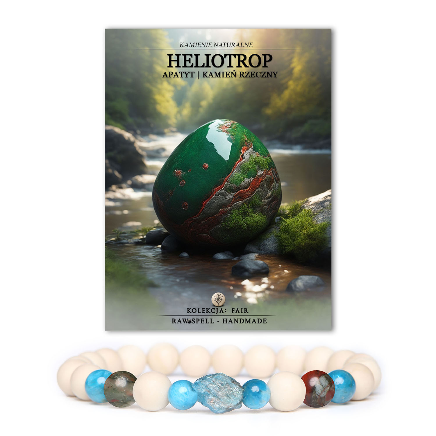 Bransoletka unisex z kolekcji Fair, z helitropem, apatytami i kamieniami rzecznymi, stworzona z myślą o kobietach i mężczyznach.