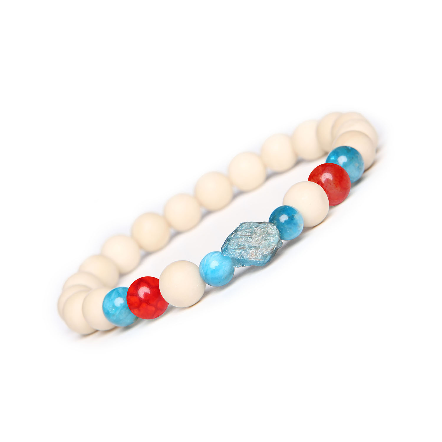 Bransoletka na gumce z kolekcji Fair z Agatem Czerwonym Crackle, Apatytem i Kamieniem Rzecznym dla kobiet i mężczyzn Stylowa bransoletka unisex z kolekcji Fair, wykonana z czerwonego agatu crackle, apatytu i kamieni rzecznych.