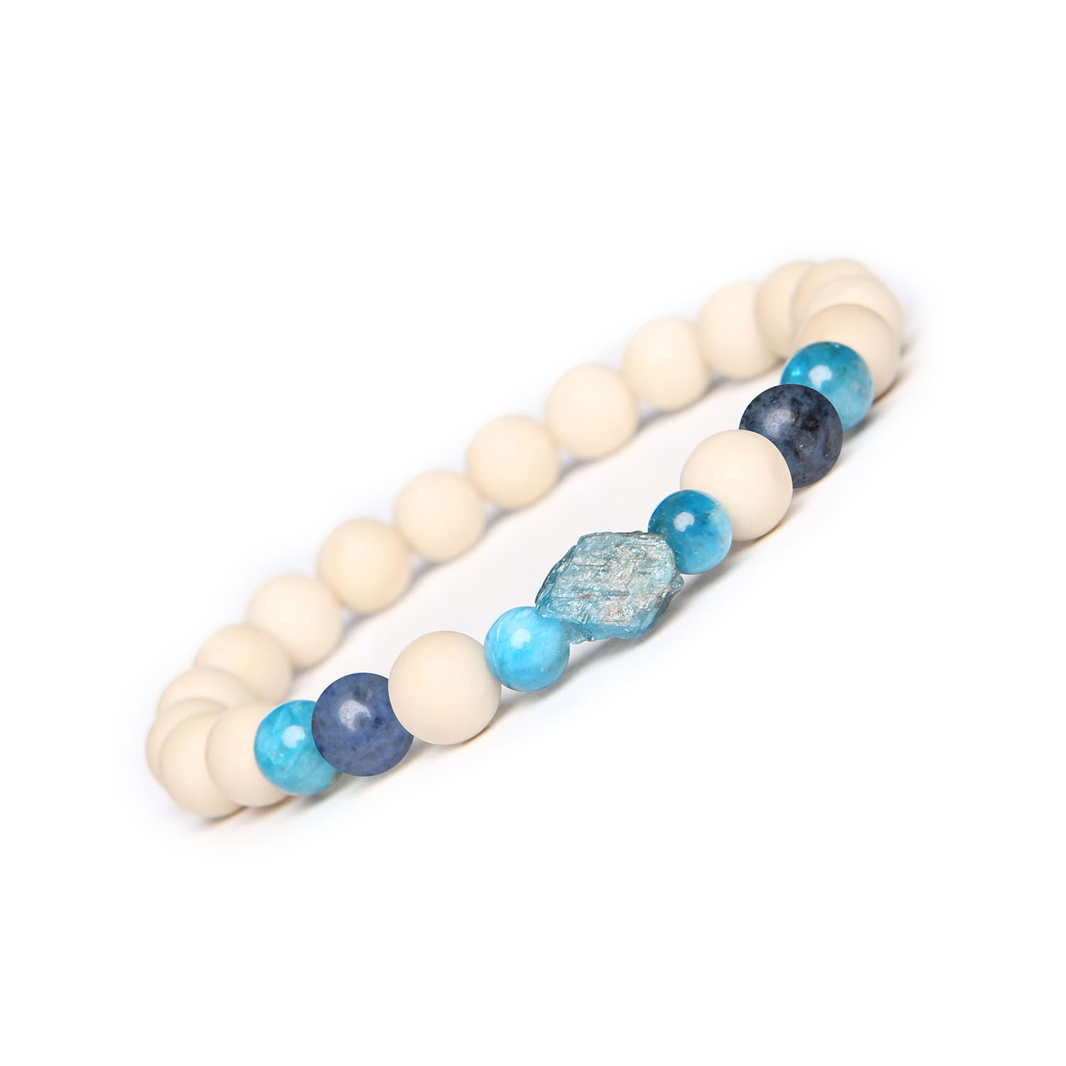 Bransoletka na gumce z kolekcji Fair z dumortierytem, apatytami i kamieniem rzecznym dla kobiet i mężczyzn Unikalna bransoletka z naturalnych kamieni dumortierytu, apatytu i kamienia rzecznego, idealna dla kobiet i mężczyzn z kolekcji Fair.