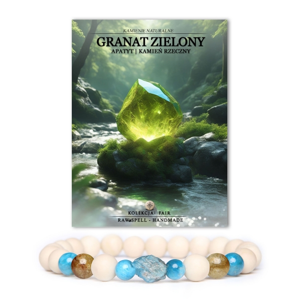 Bransoletka z kolekcji Fair z naturalnymi kamieniami granatu zielonego, apatytu i kamienia rzecznego, stworzona z myślą o kobietach i mężczyznach.