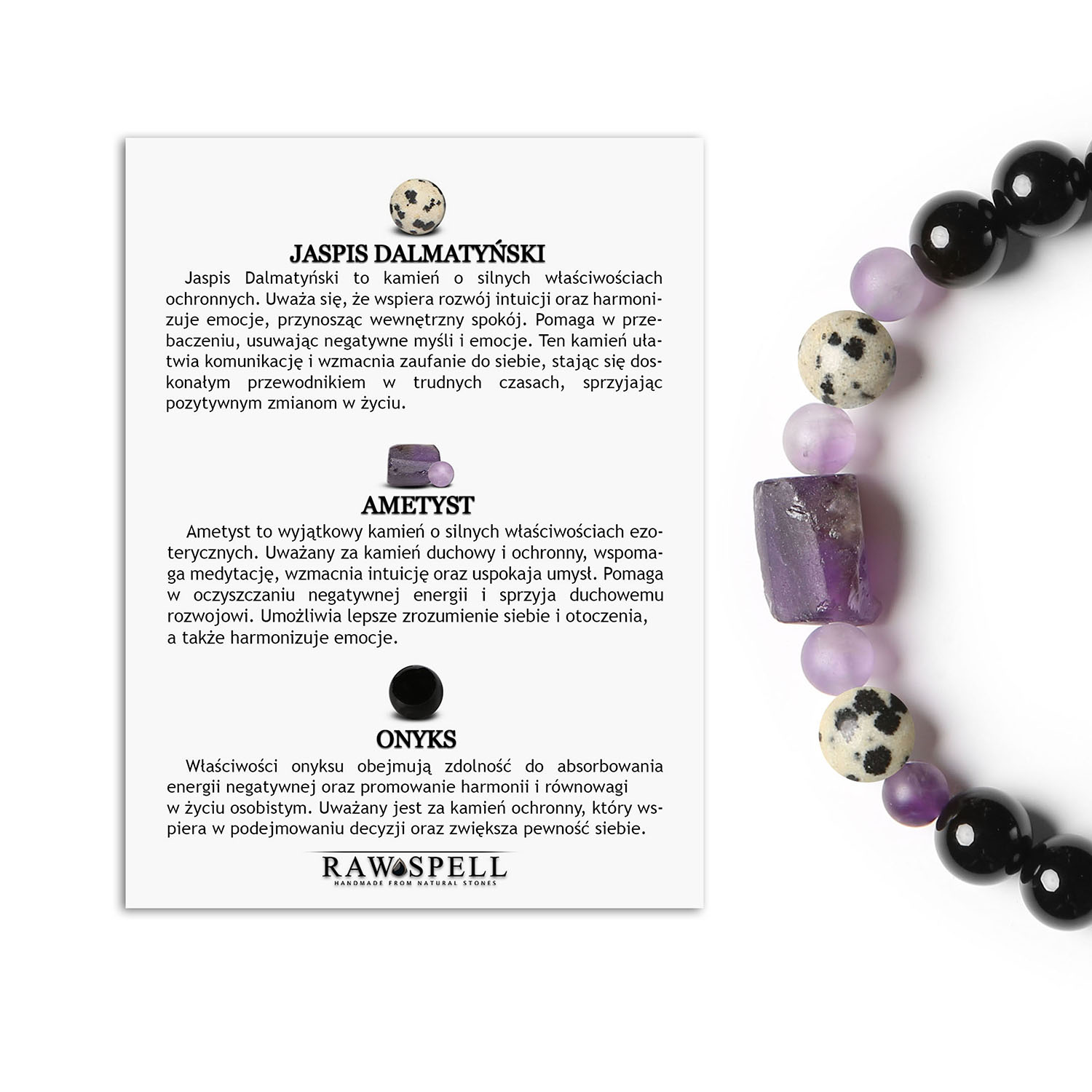 Bransoletka na gumce z kolekcji Kema, idealna dla Kobiet i Mężczyzn, z Jaspisem Dalmatyńskim, Ametystem i Onyksem Bransoletka Kema z kamieniami naturalnymi: jaspis dalmatyński, ametyst, onyks - elegancki dodatek dla kobiet i mężczyzn.