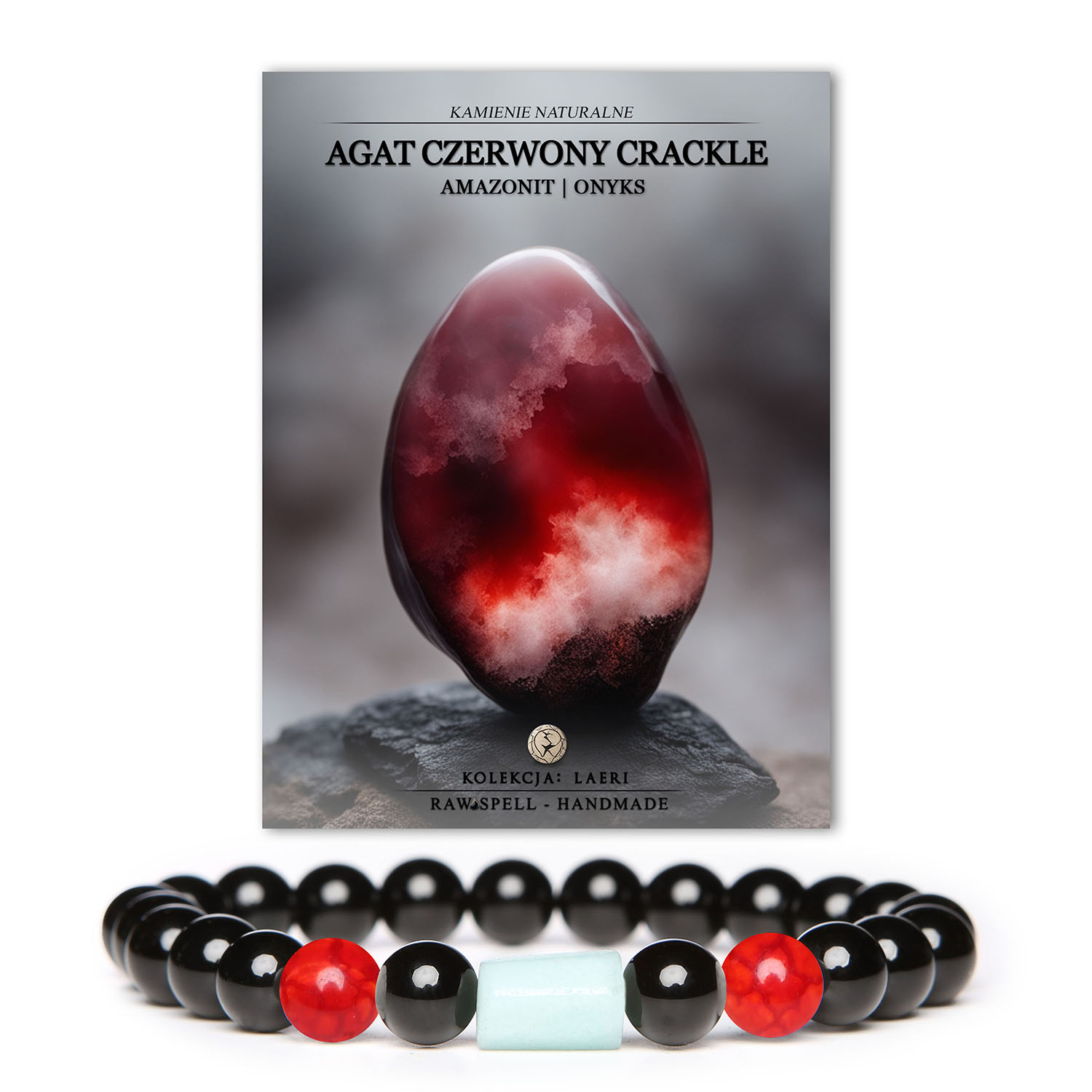 Stylowa bransoletka z kolekcji Laeri, wykonana z naturalnych kamieni: Czerwony Agat Crackle, Amazonit oraz Onyks, doskonała dla każdej płci.