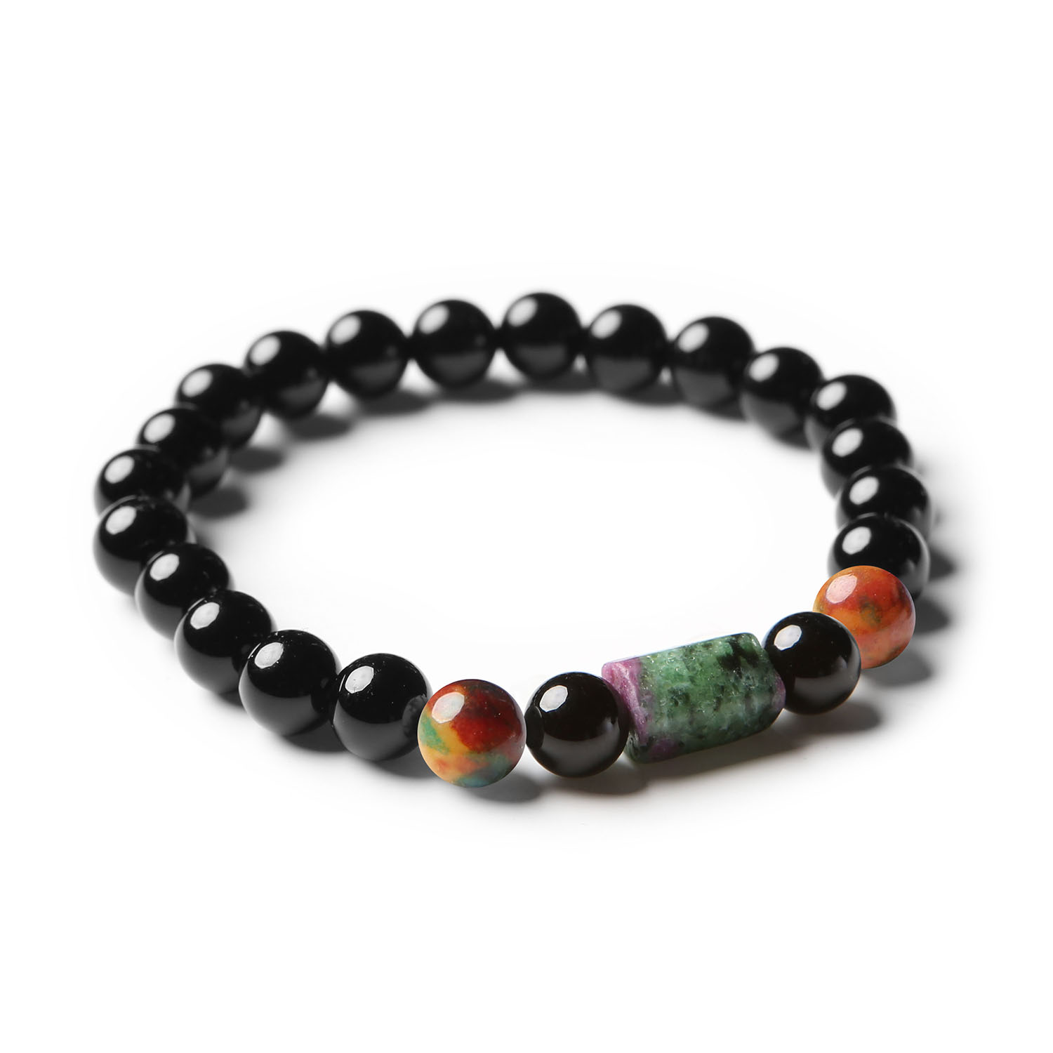 Bransoletka Laeri z naturalnych kamieni – agat, zoisyt z rubinem i onyks - idealna dla kobiet i mężczyzn, na elastycznej gumce.